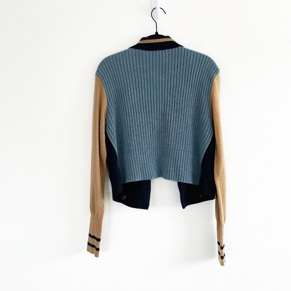 Cabi Turn Back Cardigan Sweater Open Front Medium Academia Navy Tan Chunky Knit - Picture 7 of 16